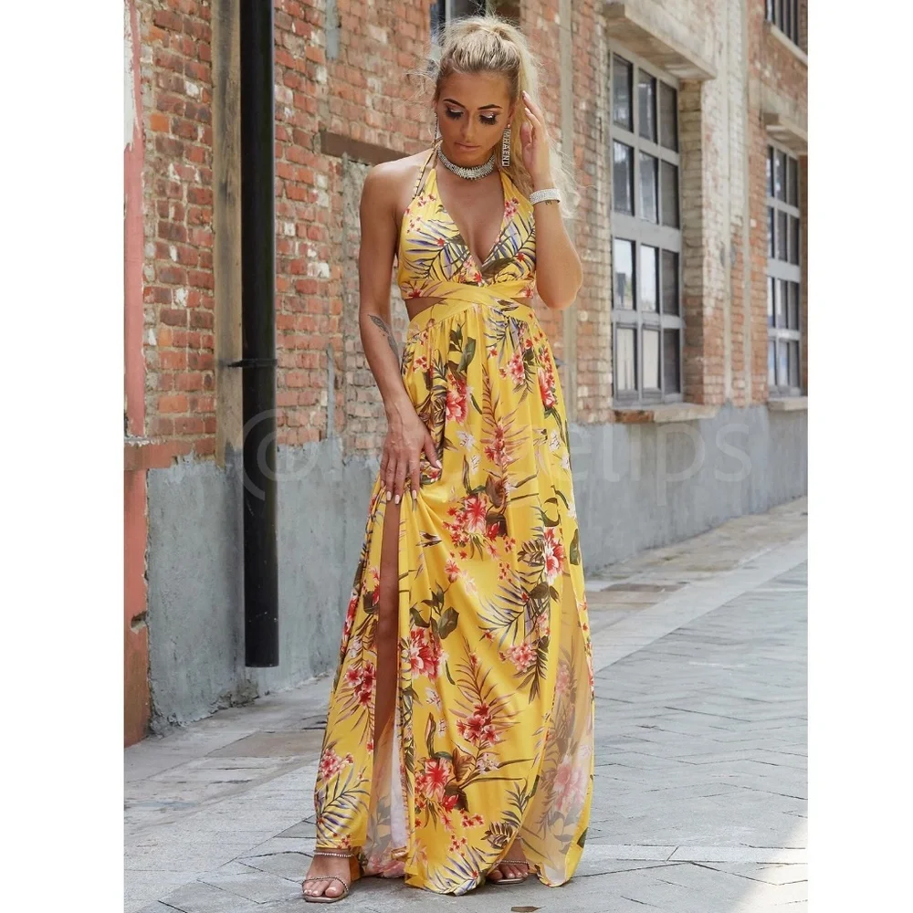 Yellow Floral Tropical Print Maxi Dress V-Neck Backless Leg Slit - Picture 4 of 5